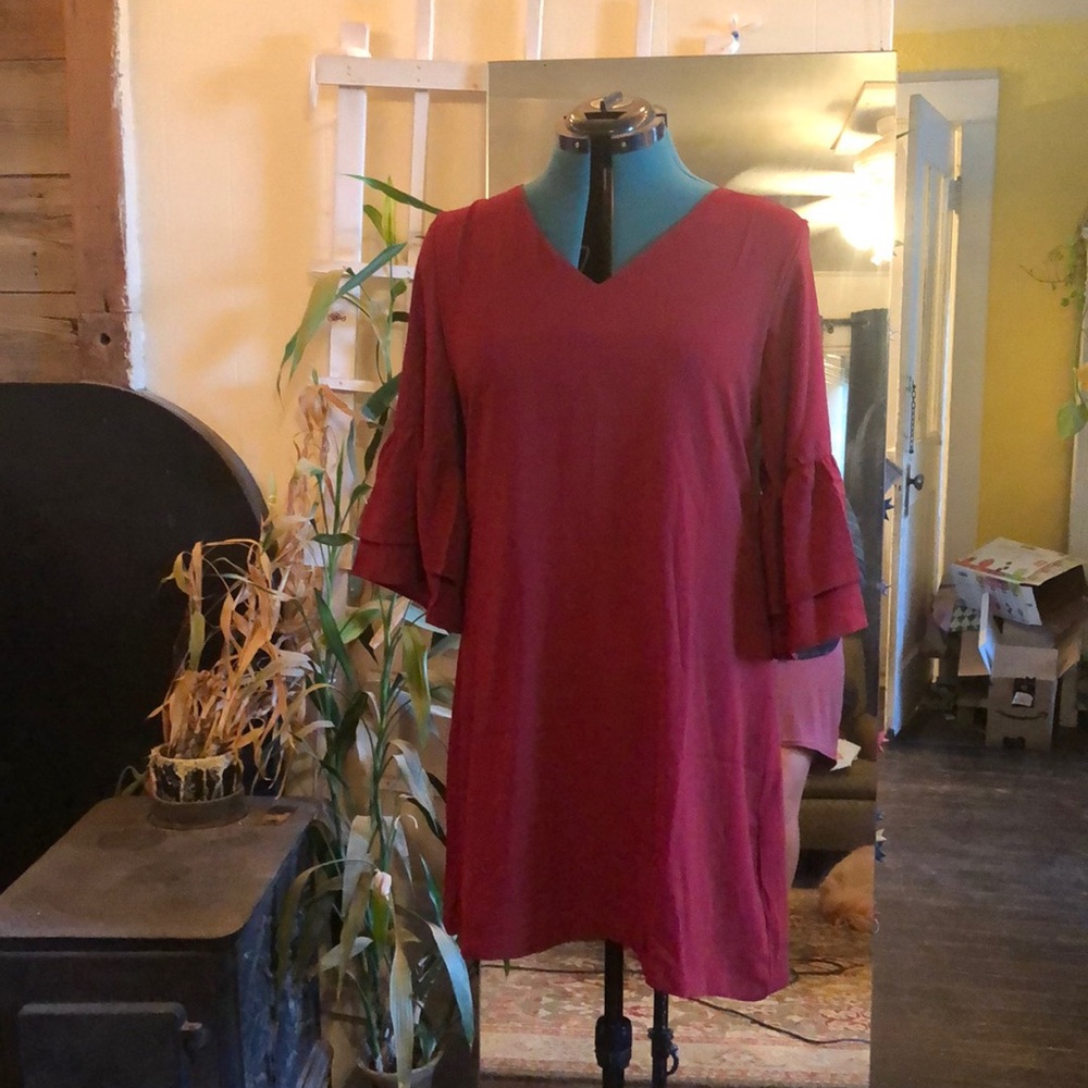 Wine colored short dress with tiered bell sleeves